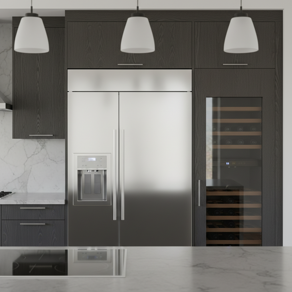 High-end kitchen with built-in refrigerator and wine cooler