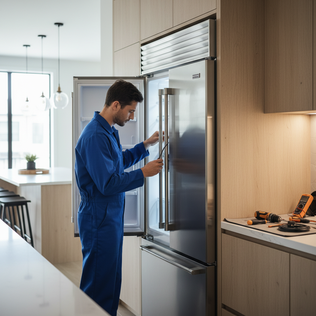 Technician repairing a premium built-in refrigerator