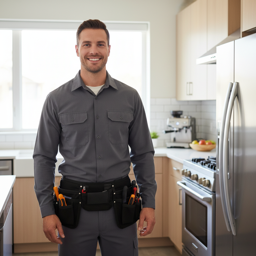 Professional appliance repair technician in a bright kitchen